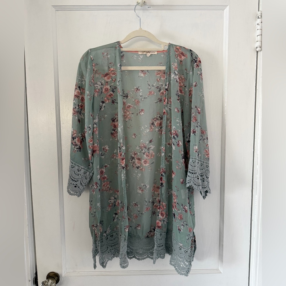 Rewind Sage Green Floral Kimono with Pink Rose Accents
